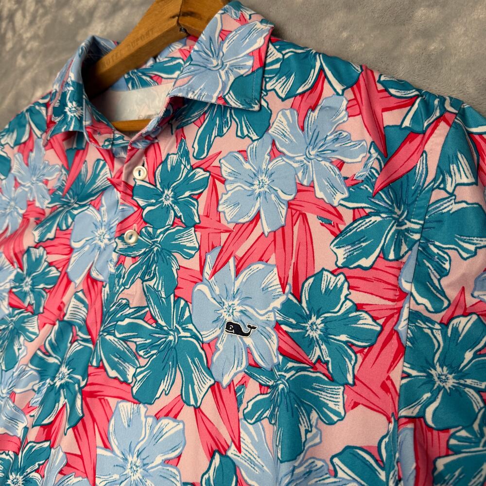 Vineyard Vines OTG Sankaty Polo Shirt Mens‎ Medium Blue Pink Floral Performance